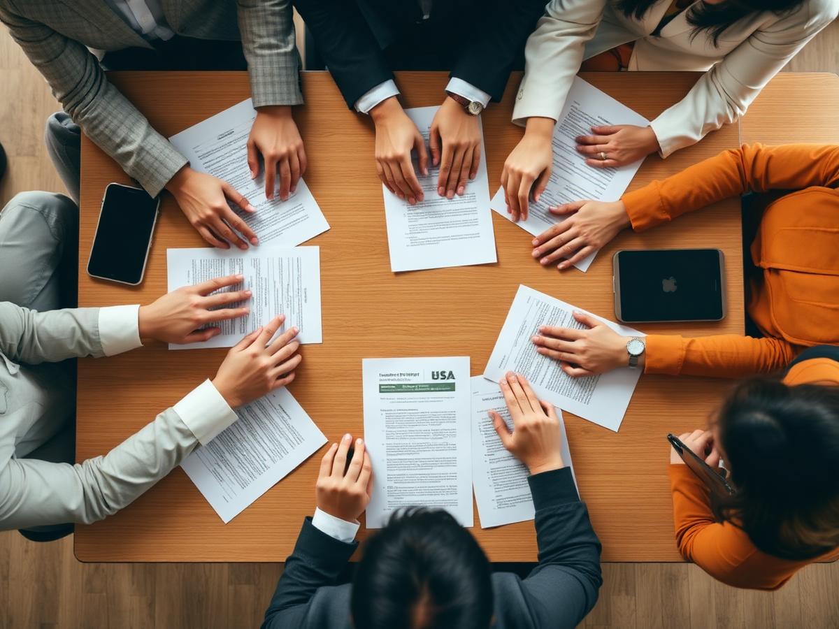 Top view of people around a table in discussion, hands visible without faces