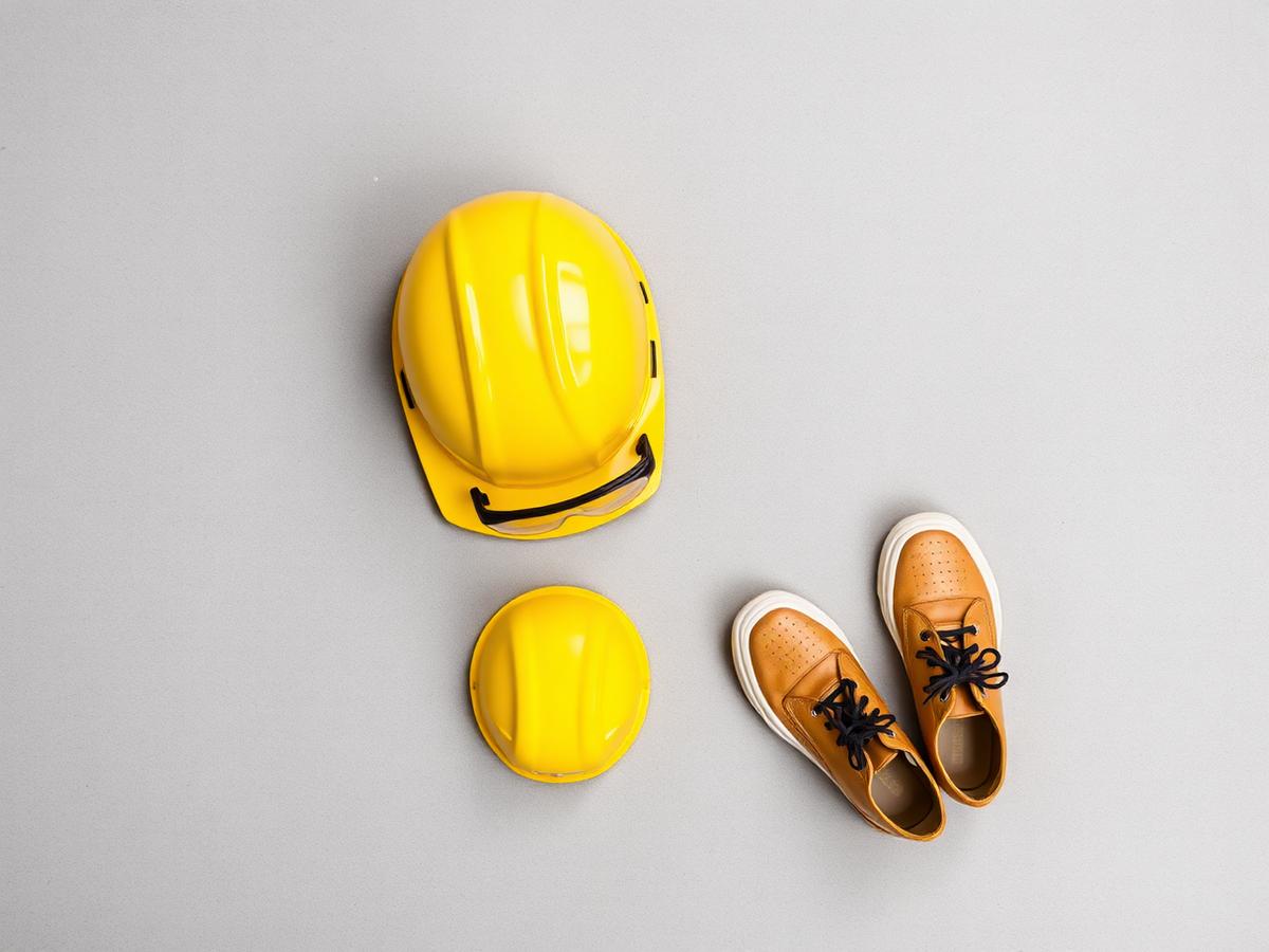 Personal protective equipment including hard hat, goggles, and safety shoes